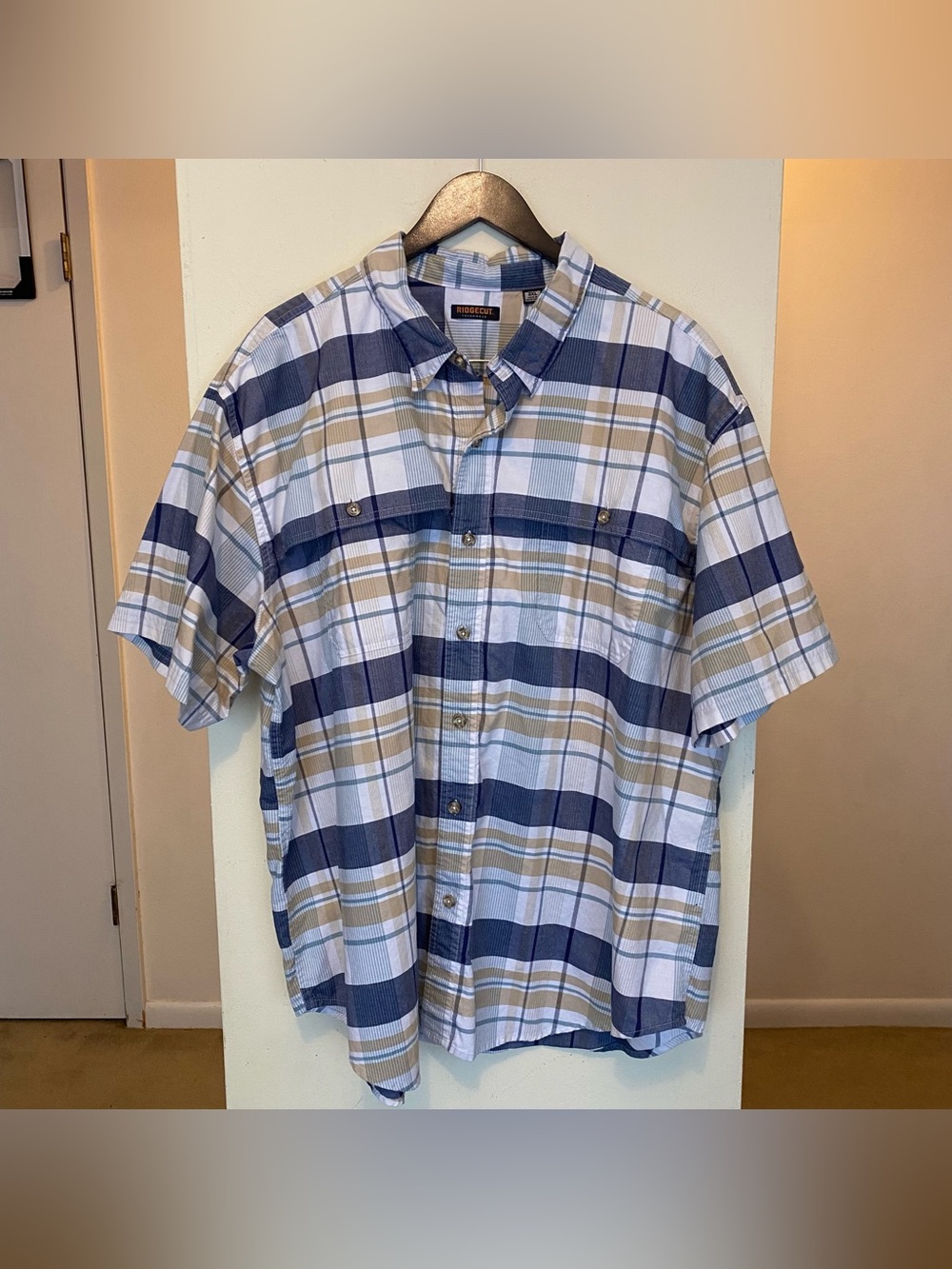 Ridgecut Toughwear Men's 3XL Plaid Short Sleeve Button Up Shirt Blue White Tan